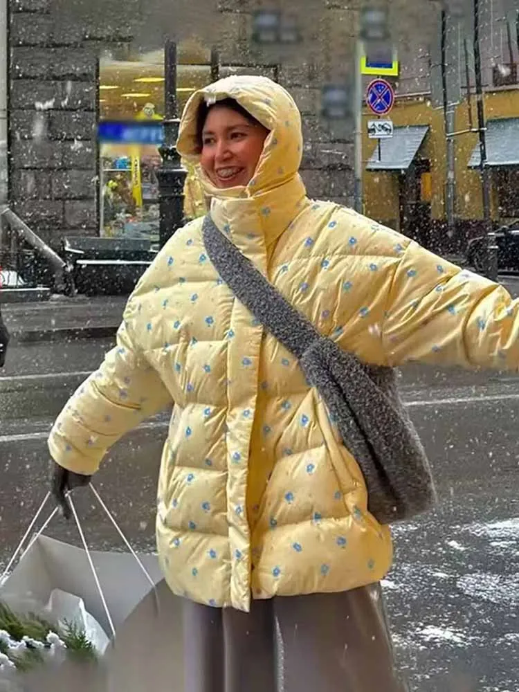 

HH Woman Fashion Versatile Sweet Style Small Floral Print Pattern Decoration Long Sleeves Winter Hooded Casual Cotton Jacket