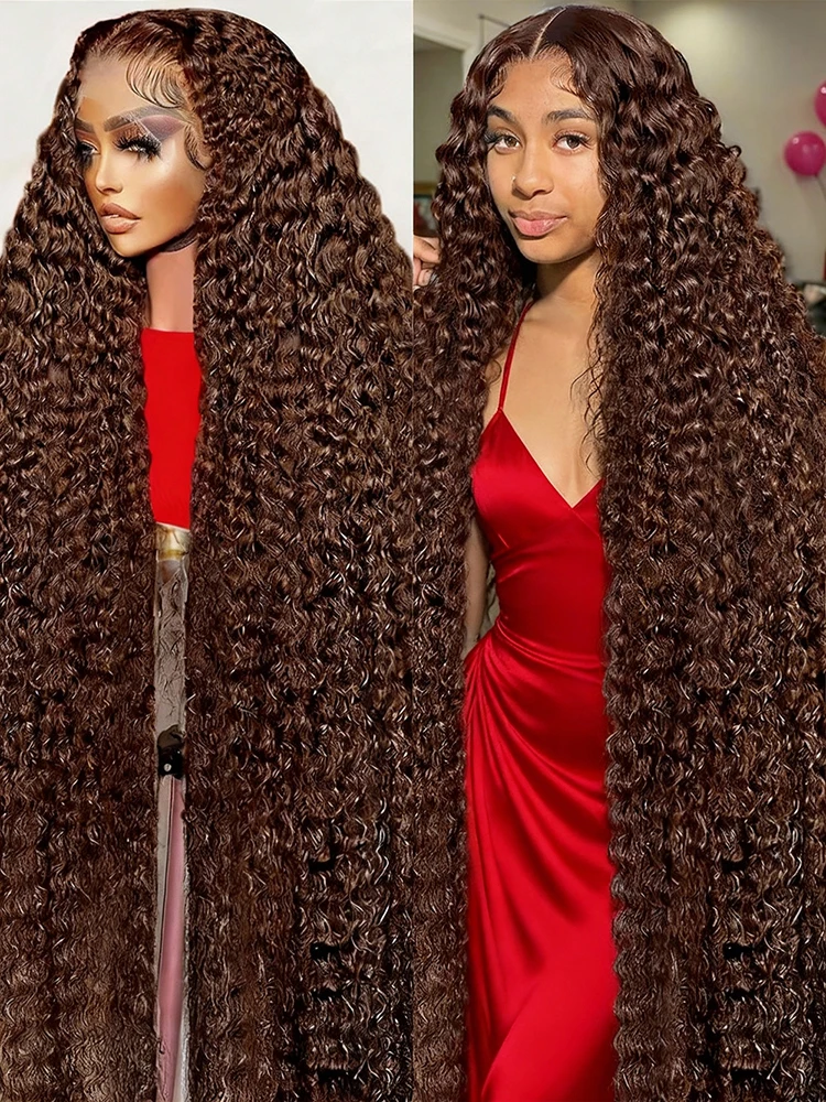 

40 дюймов, 250% плотность, вьющиеся парики из натуральных волос на кружеве, шоколадно-коричневый, 13x6 HD, глубокая волна, кружевные фронтальные парики для женщин Remy