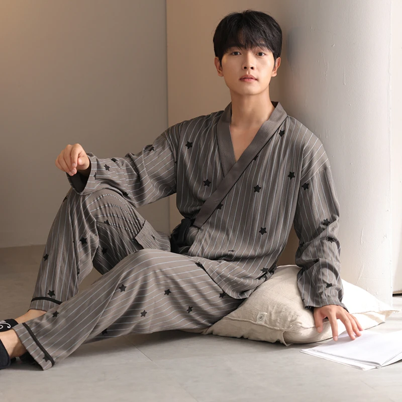 Autumn V-Neck Pyjamas Male Pajama Set Striped Geometry Star Print Japanese Kimonos For Men Big Yards 4XL Cotton Yukata Robes Set