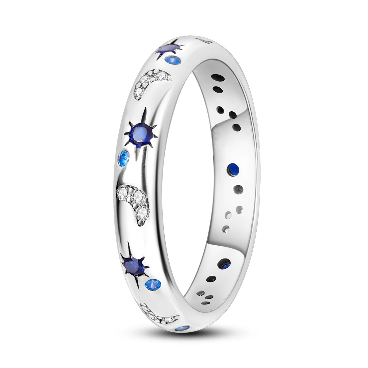 925 Sterling Silver Starry Night Ring Simple Generous Blue CZ Moon Star Luxury For Women Rings Wedding Party Fine Jewelry Gift