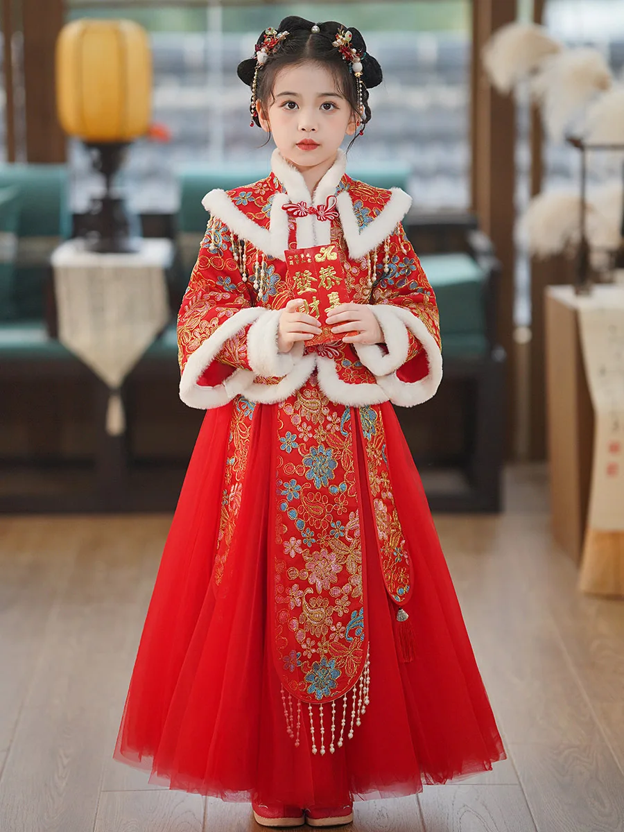 

Hanfu Girl's New Year's Clothing Winter Plush Ancient Autumn And Tang Children's Thickened Insulation Long Skirt Set Printing