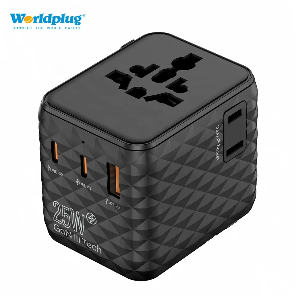Compact 25W GaN Fast Charge International Universal Travel Plug Adapter 2C1A with 10A Rated Current