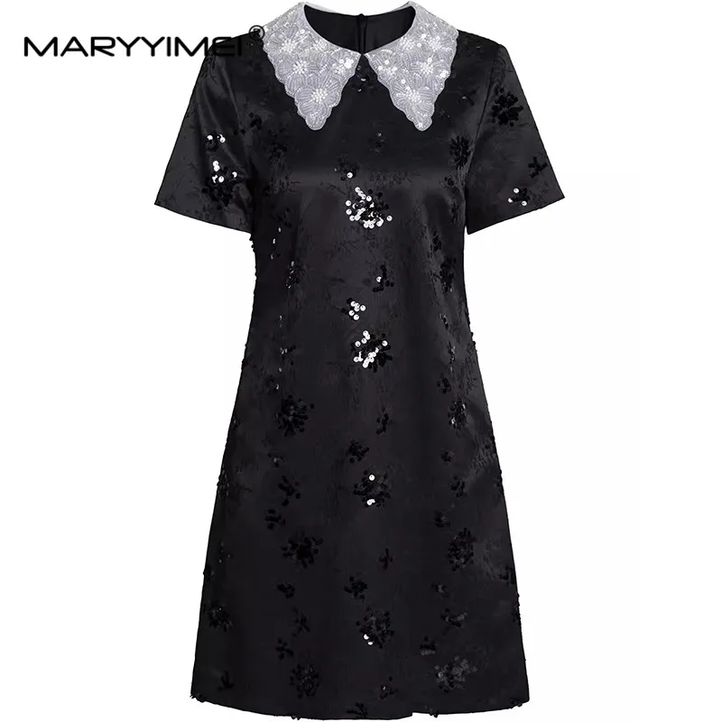 

MARYYIMEI Summer Women's Dress Short-Sleeved Peter Pan Collar Beading Sequins Elegant Gorgeous Mini Dresses