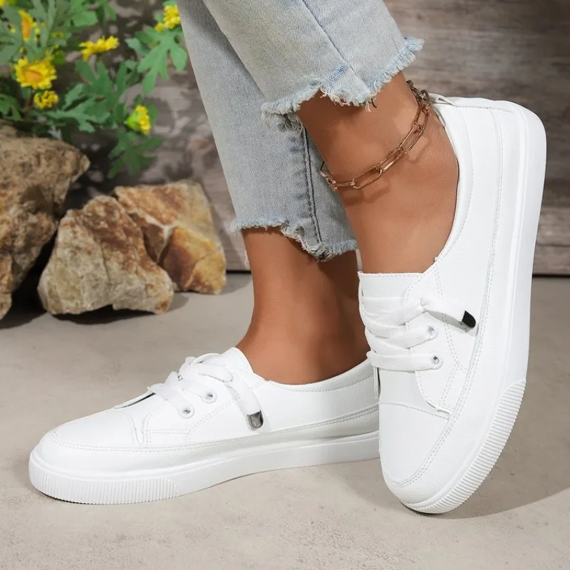 Women's Sneakers Round Toe Casual Flat Shoes Textured Upper Slip-On Design Ribbed Outsole Metallic Lace Detailing for Daily Wear view 2