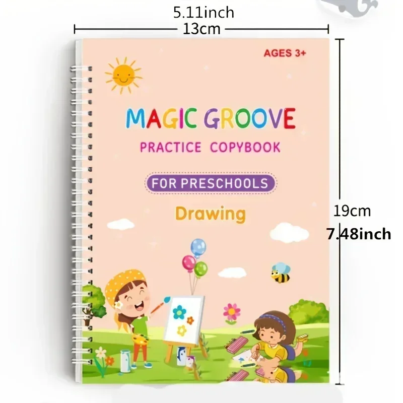 4Pcs/Pack Large Reusable Handwriting Practice Copybook Comfy Tracing Sight Words Grooves Magic Practice Workbook Christmas Gift