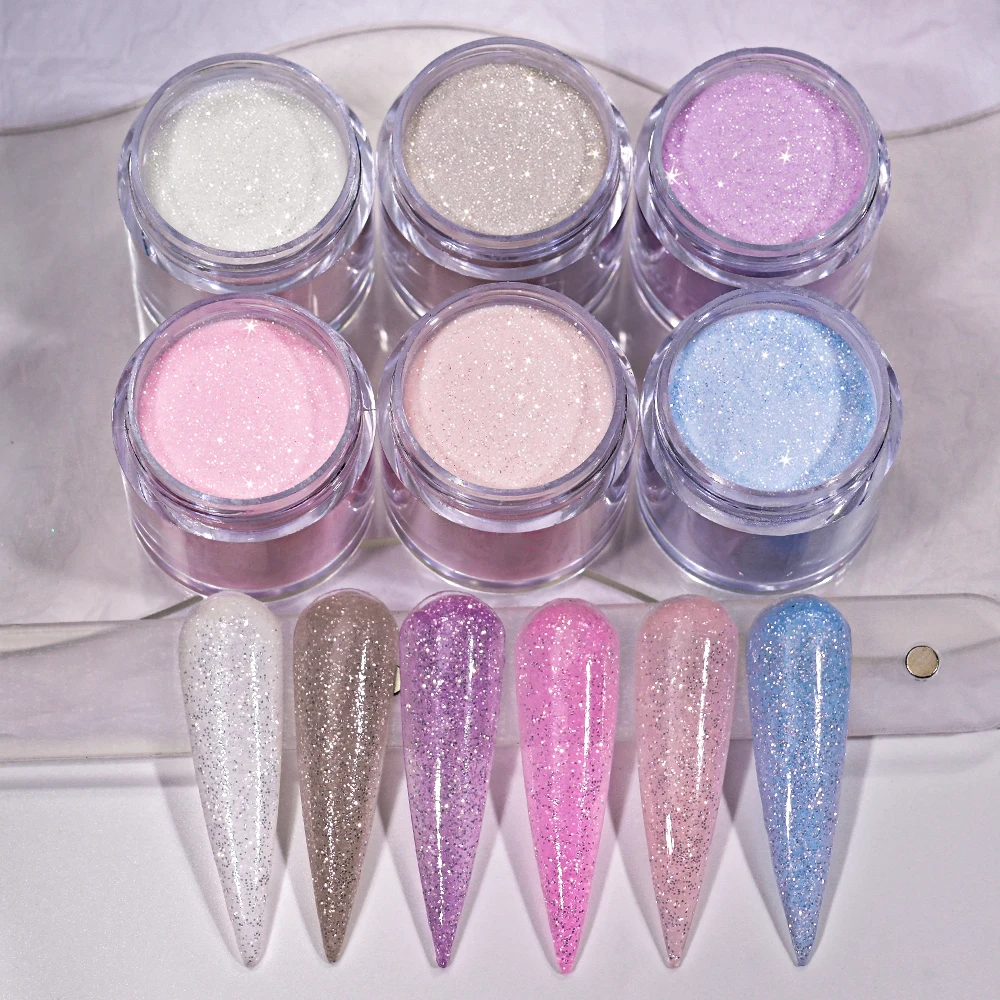 6Jars Glitter Acrylic Powder Set Shiny White/Pink/Blue/Purple Nail Acrylic Pigment Nails Extension Dipping Carving Dust 10g/jar