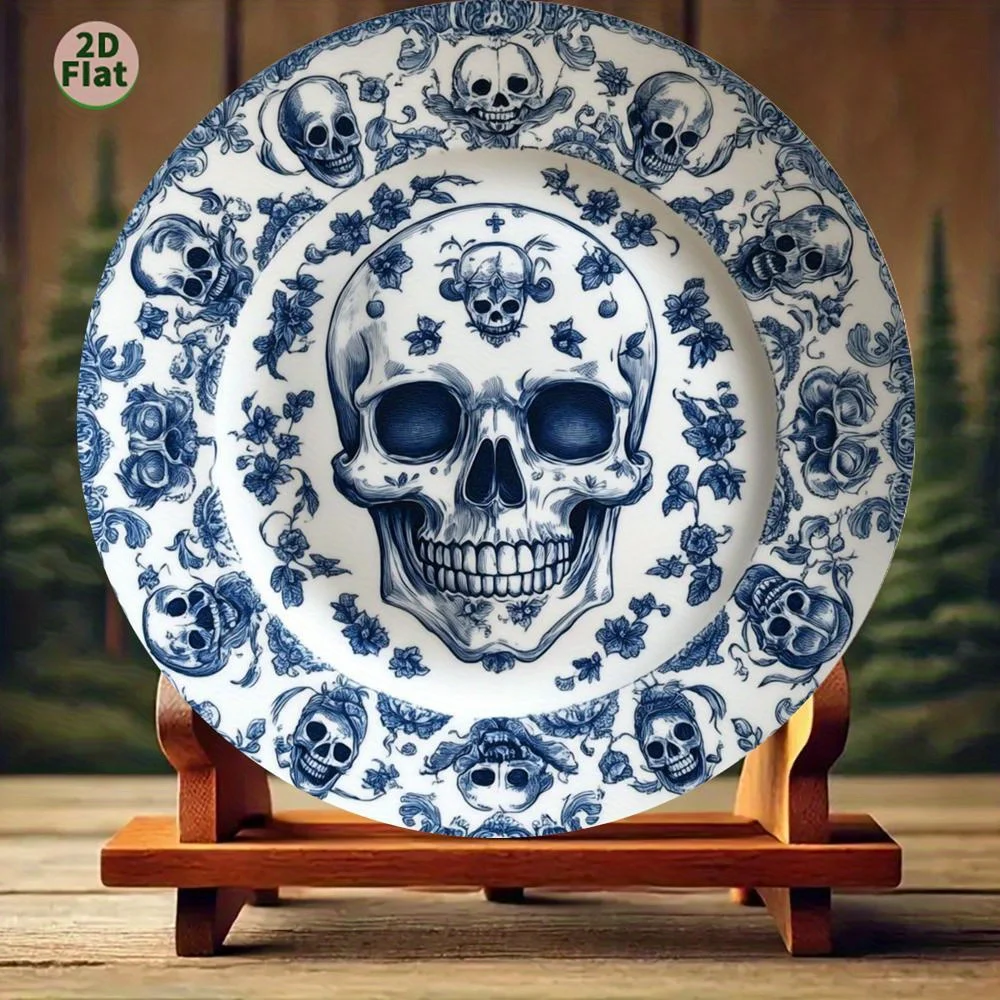 ,2Dflat Sugar Skull Porcelain Plate Blue And White Floral Pattern, High-Resolution Durable Metal Material, No Text Center,