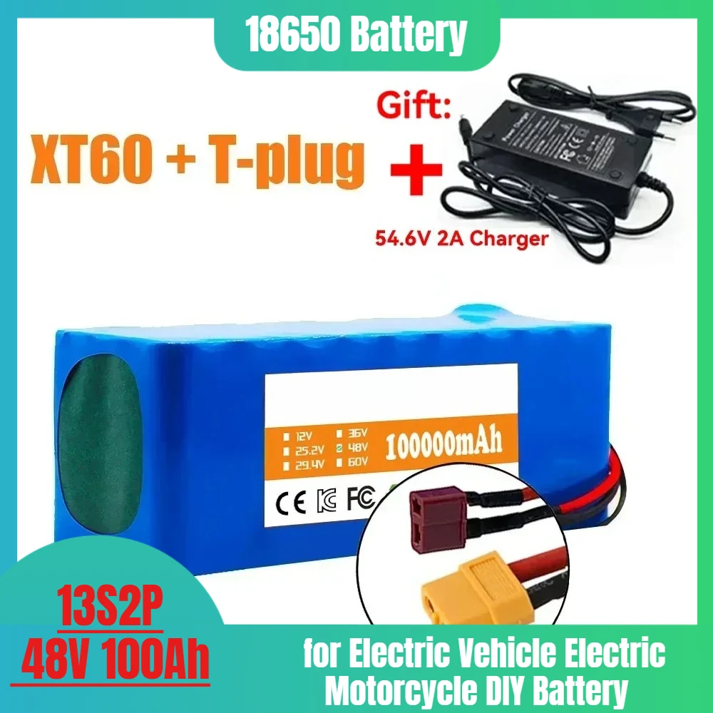 

13S2P 48V 100Ah High Power 18650 Battery for Electric Vehicle Electric Motorcycle DIY Battery with BMS + 54.6V 2A Charger