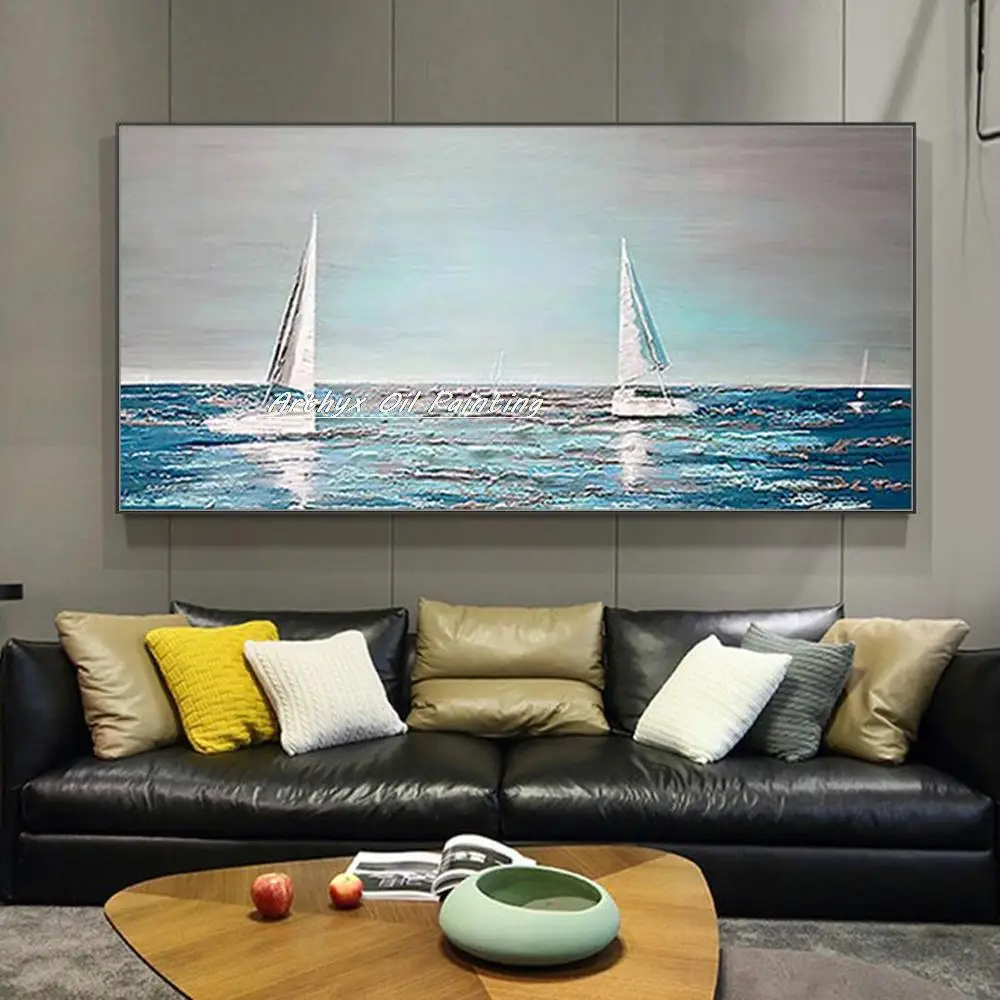 Arthyx Hand Painted Boats Landscape Oil Paintings On Canvas,Modern Abstract Sailboat Wall Art,Picture For Living Room,Home Decor