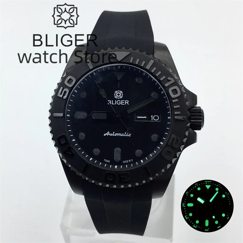 BLIGER 40mm Black white Dial Weekday Date Japan NH36A Automatic Mens Watch AR coating Sapphire Glass Luminous Dial Rubber strap