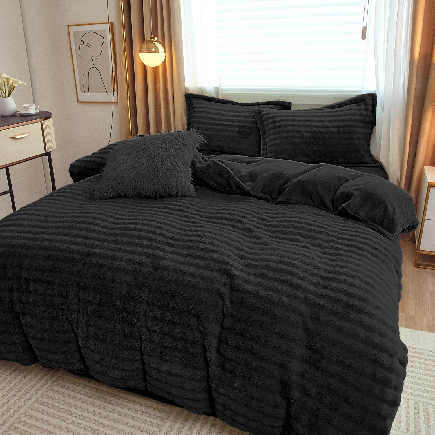 3pcs Wide Stripe Velvet Quilt Cover Set, Soft And Comfortable Fabric, Suitable For Bedroom, Guest Room