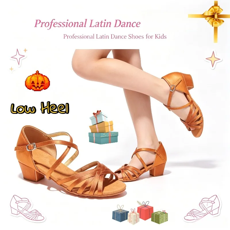 

Girls Latin Dance Shoes Low Heel Soft Sole Beginner Kids Ballroom Practice Training Stage Girls Performance Dancing Footwear