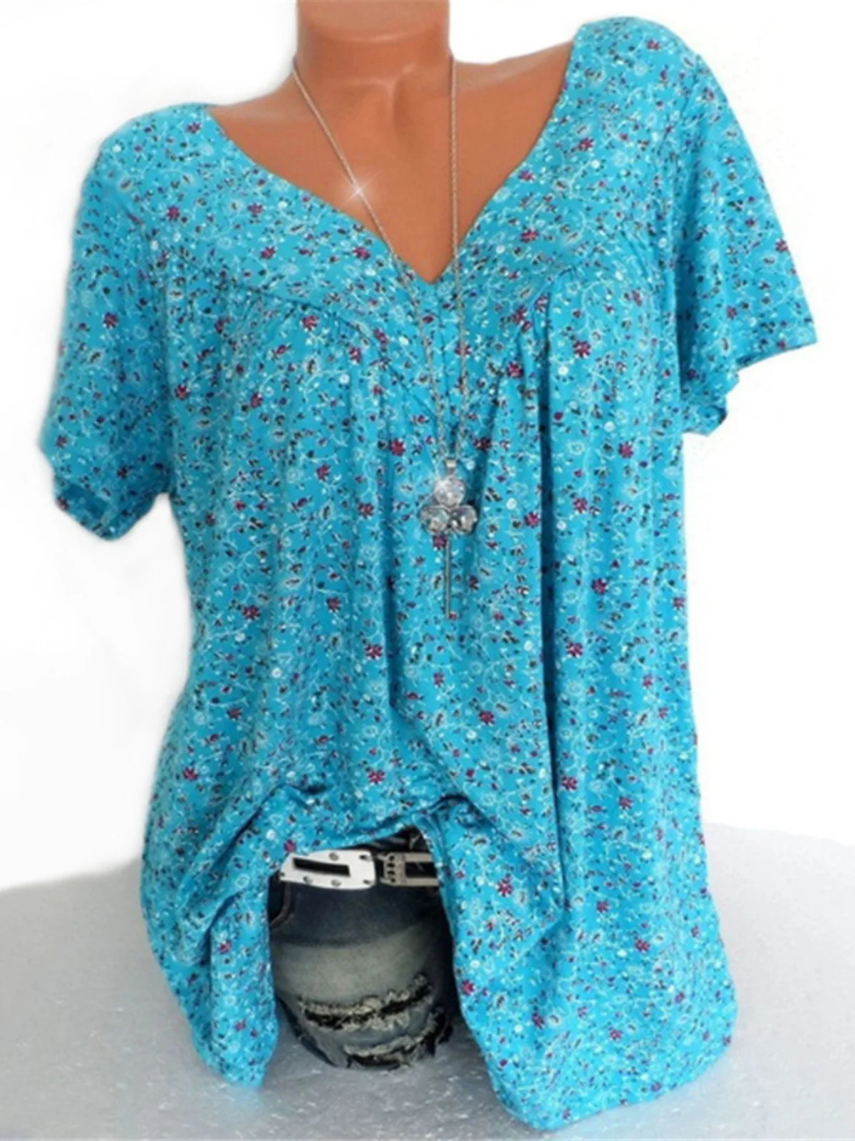 

Sli Printed V-Ne Loose T-irt Floral Pattern Casual Sle Polyester ort Sve Women's Summer Top Moisture ng