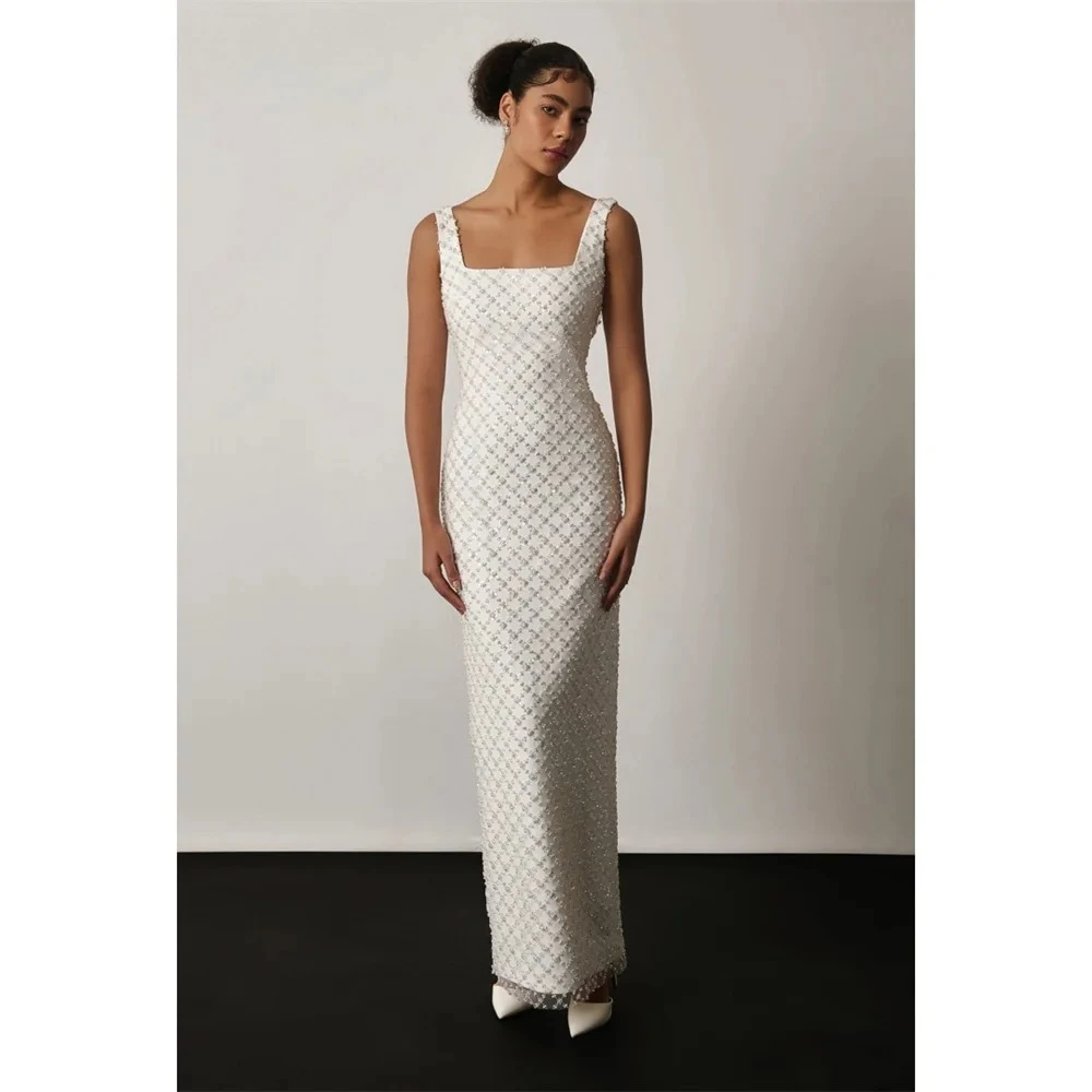 Customized Elegant Square Collar A-Line Backless Bride Gown White Square Collar Wedding Dress Sleeveless Satin Zip Back