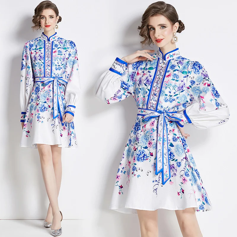 

2024 Spring New Silk Flower Printed Long sleeved Dress for Women Standing Neck Waistband Slim Knee Length A-line Dress