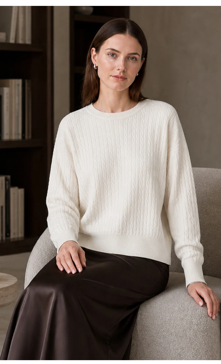 ML62062 Damen Minimalistischer Zopfmuster-Pullover mit Rundhalsausschnitt, Langarm, Modal-Mischung, Weich und Warm, Herbst-Winter-Oberteil – Detail 7