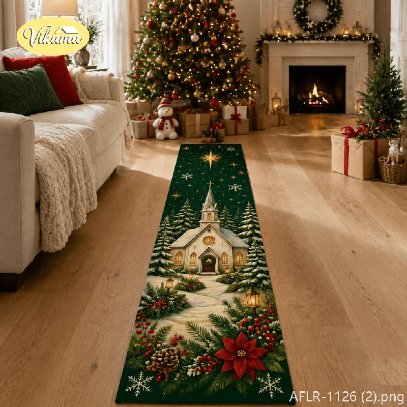 VIKAMA Christmas Runner Rug Non-Slip Hallway Mat Winter Snow Scene Carpet Kitchen Aisle Rug Holiday Home Decor Floor Mat