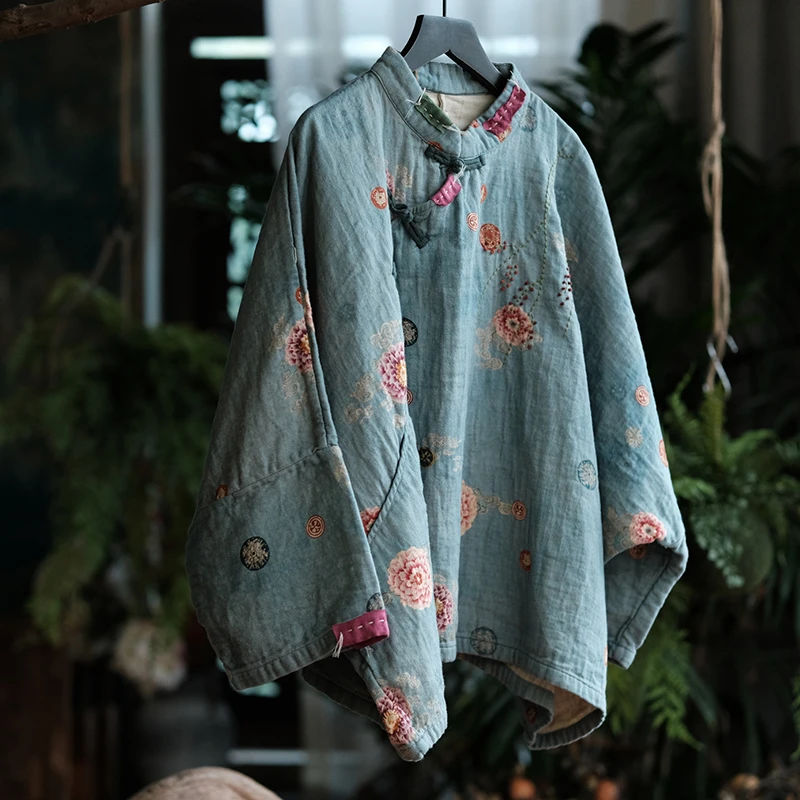 100% Baumwolle Damen Freizeithemd Neu 2026 Frühling Chinesischer Stil Stehkragen Lose Damen Fledermausärmel Oberteile Hemden M2689