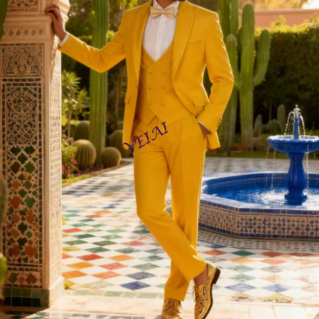 Customized Suave Khaki 3-Piece Suit for Men Unique Breasted Peak Lapel Jacket Pants Vest Ensemble for Wedding Party
