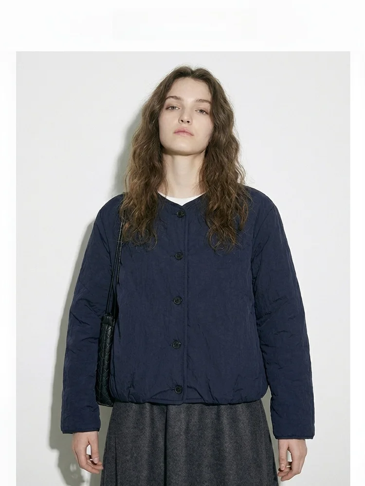 

Thiened Long Sve round Ne Cotton Jaet Women's Inner Lined Coat Commute Sle k Blue Winter New Arrival