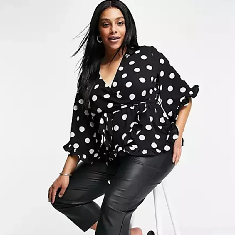 Plus Size Summer Elegant Polka Dot Print Peplum Blouse Tie Waist Half Ruffle Sleeve Sexy V-neck Casual Wrap Top Large Size 7XL