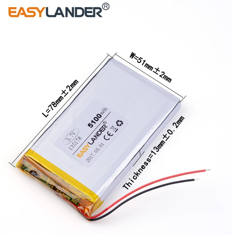 3pcs /Lot 3.7V lithium Li ion polymer rechargeable battery 135178 5100mAh Mp3 MP4 MP5 GPS PSP PAD Mobile Tablet PC power bank