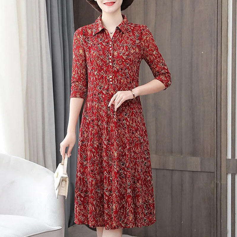 Middle Aged Women Vintage Floral Print Elegant Slim Three Quarter Sleeve Shirt Midi Dress Spring Casual Fashion Dresses Clothes