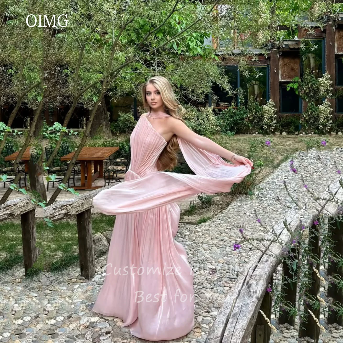 OIMG สีชมพูเงา A Line ชุดราตรีเปิดหลังจีบชุดราตรียาวชุดราตรีชุดราตรีแบบกำหนดเอง
