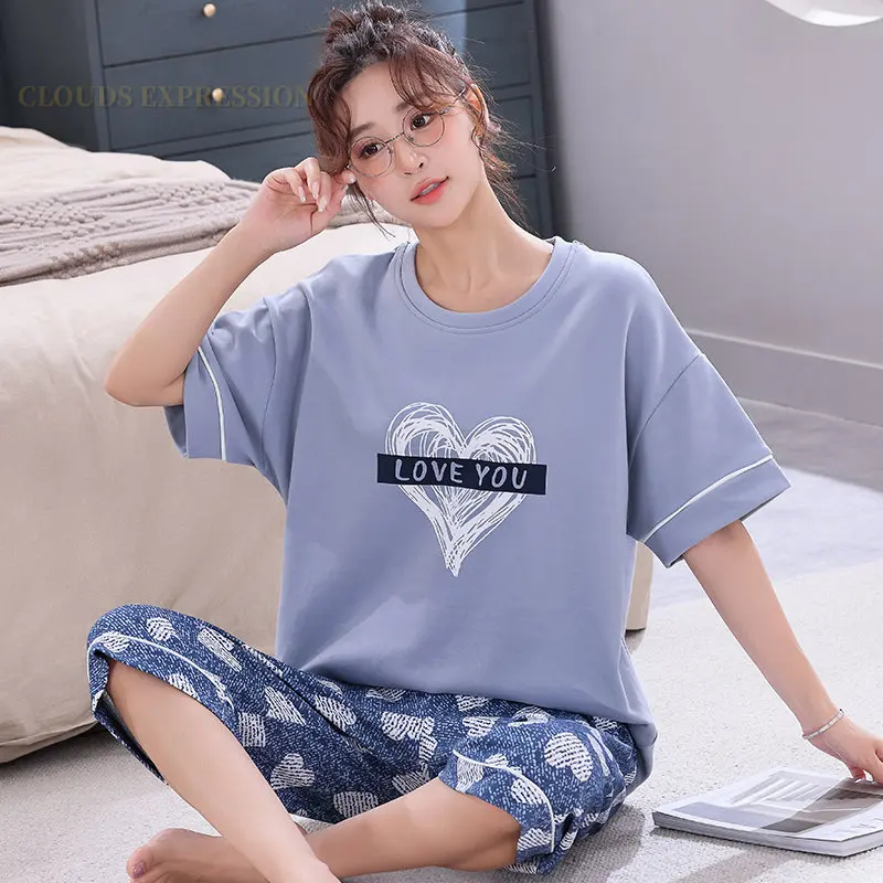 Summer Knitted Cotton Cartoon Pajamas Sets Women Pyjamas Sleepwear Nightwear Pijama Mujer Plus Size Calf-Length Pants Homewear