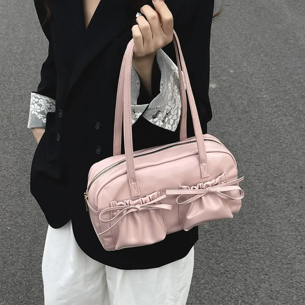 Casual Designer Ribbons Bowling Tote Bag Y2k Ballet Large Capacity Bow Tie Shoulder Bag Korean Pu Leather Women's Handbag Ladies