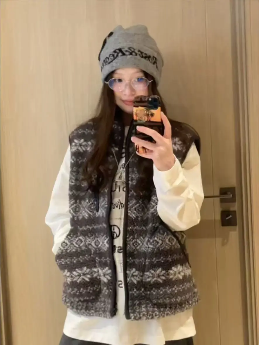 

Теплый жилет из овечьей шерсти в американском ретро-стиле с узором Фэр-айл, женский, осенне-зимний, повседневный, с воротником-стойкой, для многослойных образов, трендовый