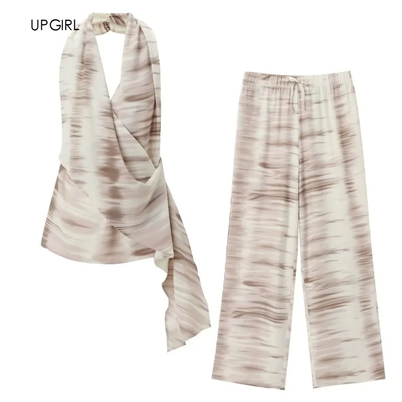 New Fashion Pants Sets Women Tie-dye Asymmetric Drape Halter Tops 2024 Summer Straight Trousers 2 Piece Sets Womens Outfits