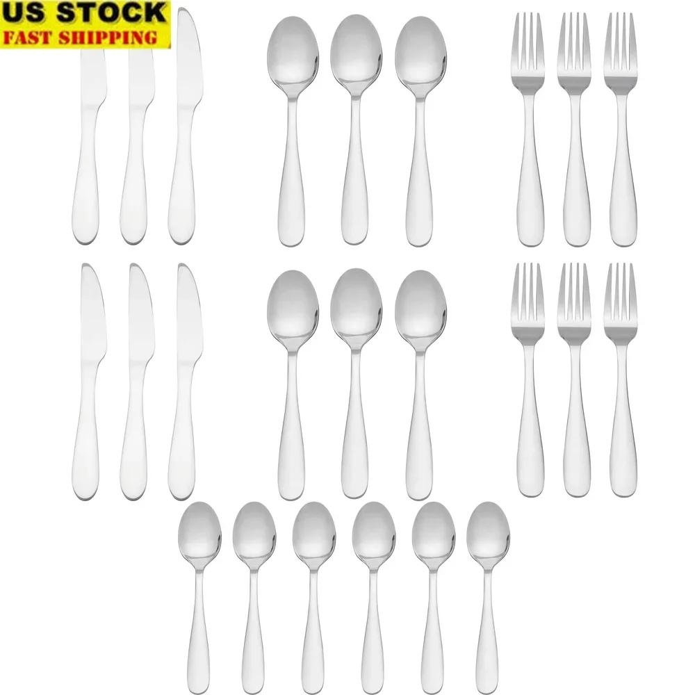 

24Pc Stainless Steel Flatware Set Service 6 Durable Rust Resistant Dinner Forks Knives Spoons Teaspoons Elegant Tableware