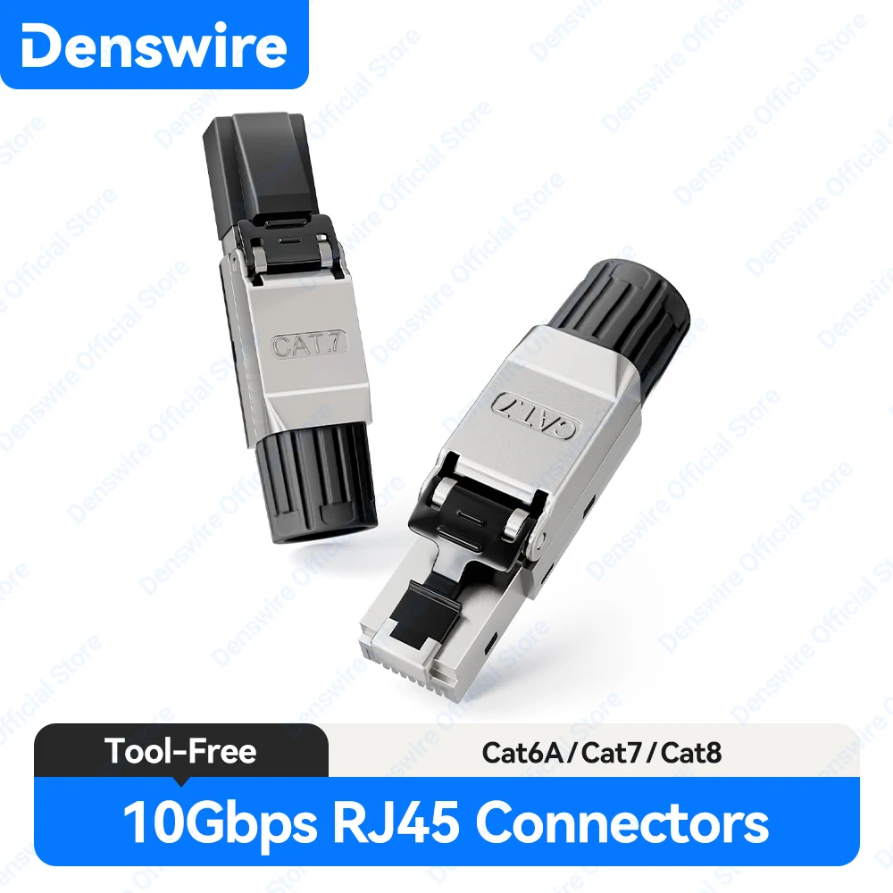 Denswire RJ45 Cat8/Cat7/Cat6A Connector Gold Plated Tool Free Cat8 Shielded Ethernet Plug 40Gbps for 22AWG-24AWG Support POE