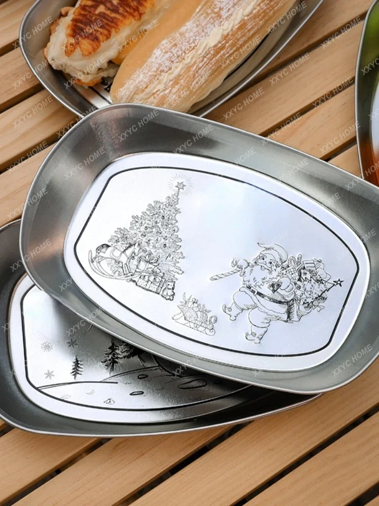 Outdoor Retro Dinner Plate American Embossed Tin Plate Camping Portable Tableware Snack Pastry Barbecue Fruit Tray