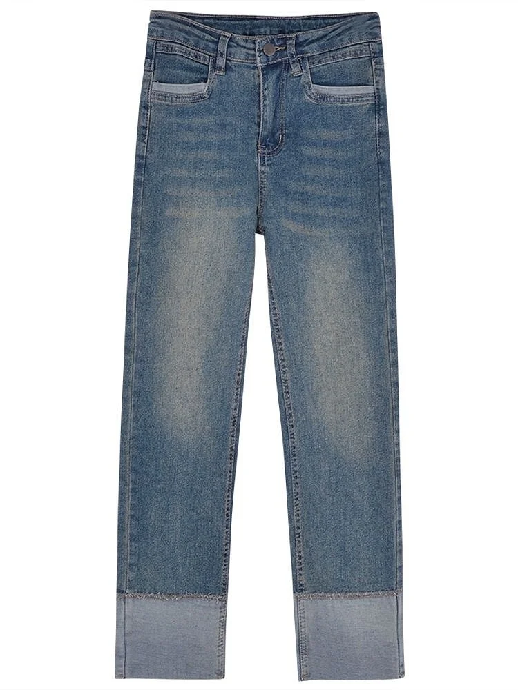 Slim Fit Gerade Bein Elastische Denim Jeans Frauen Sommer Neue Splice Lose Abnehmen Design Einzigartige Kleine Markt Neun Punkt Hosen