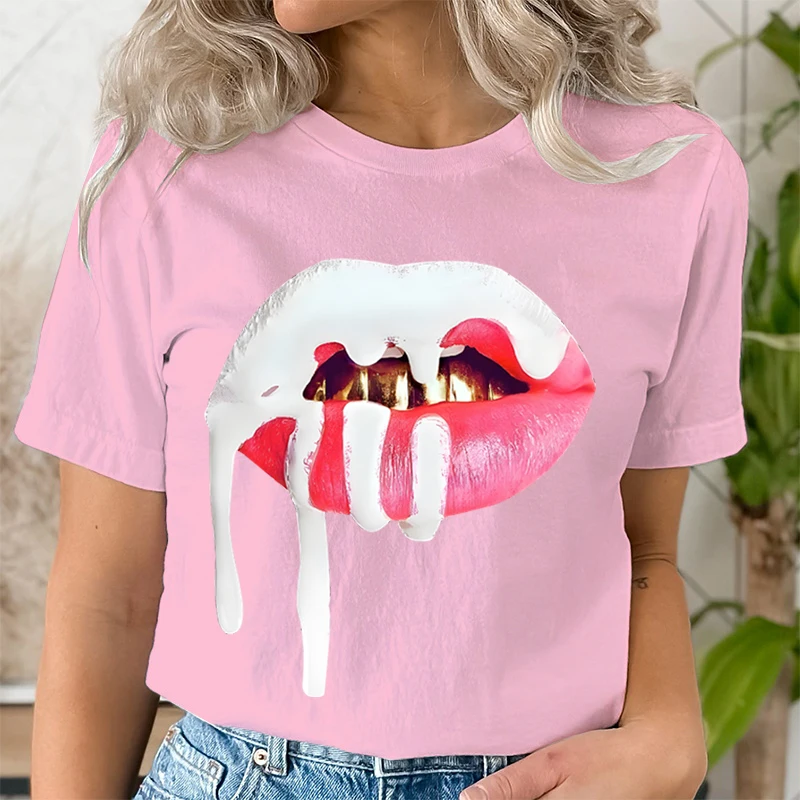 Summer Clothing Cosmetics Pink Lips Fashion Women Tee T-shirts Casual Short Sleeve Clothes Female Graphic T Shirt Pink Clothes