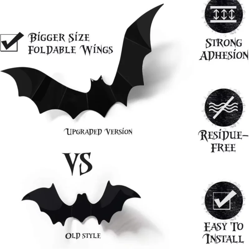 60pcs Halloween 3D Black Bat Wall Stickers Home Room Indoor DIY Decoration Scary Props Kids Party Favors Wall Decals Window