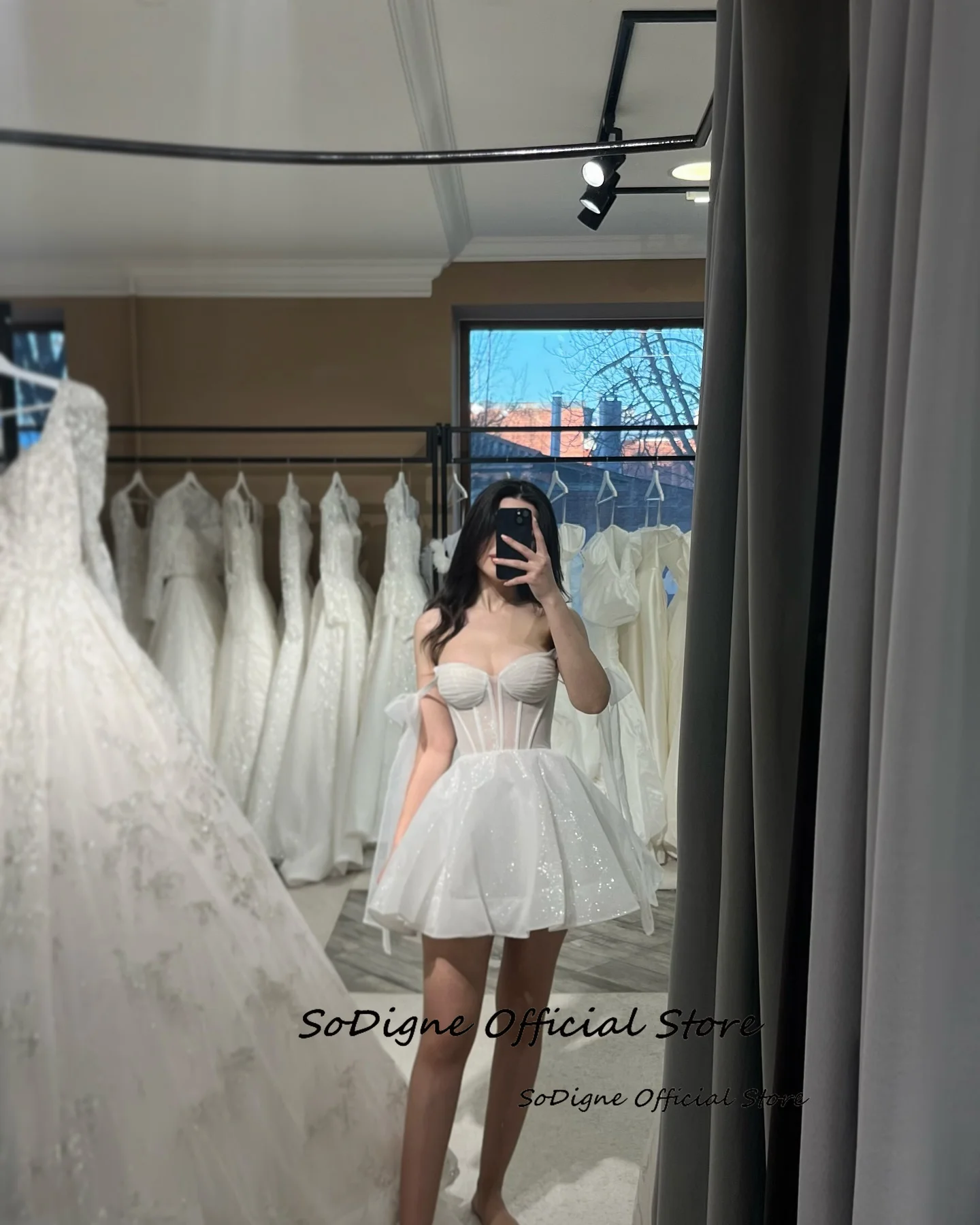 SoDigne-vestidos De novia De tul con purpurina, corte en A, escote en forma De corazón, sin mangas, Vestido De novia corto ﻿ Personalizado