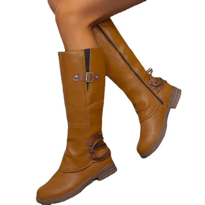 أحذية رعاة البقر الرجعية للنساء الخريف بولي Leather الجلود منتصف العجل أحذية امرأة الجانب سستة كعب سميك حزام مشبك عالية متسابق بوتاس 2024