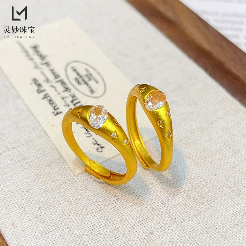 

9999 24K real gold luxury jewelry point diamond star beam egg face ring asteroid golden ring middle-aged style niche female gift