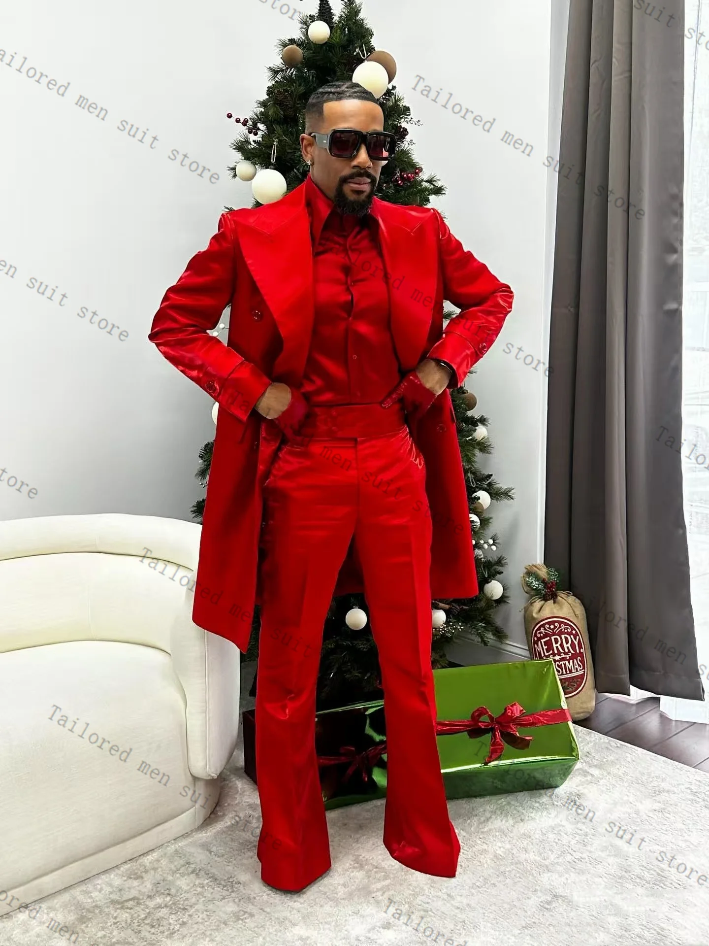 

Red Men Suits Pants Set 2 Pcs Long Blazer+Cotton Trousers Groom Wedding Tuxedos Jacket Formal Office Business Coat Outfit