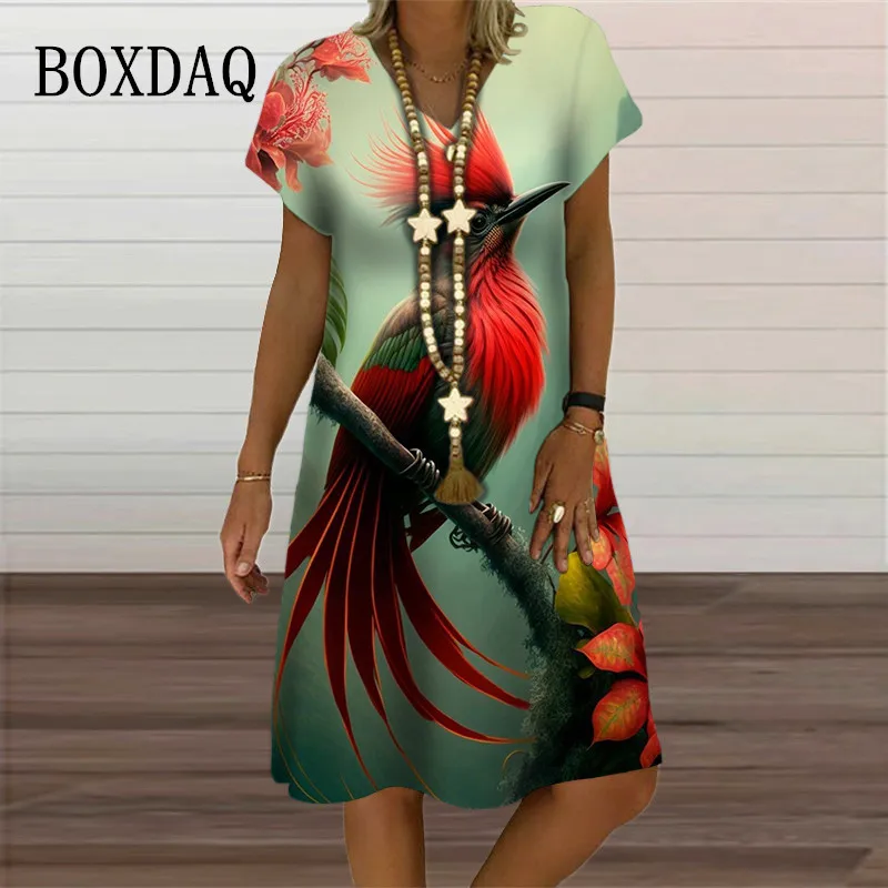 Loose Casual Oversized Summer Dresses Women Animal Bird 3D Print Dress 2023 New Fashion Short Sleeve V-Neck Party Dress Vestidos