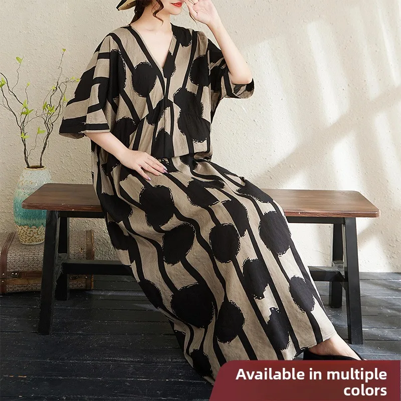 Vestido de Mujer de Talla ande, Estilo Original de Alta Gama, Manga Corta, Cuello en V, Lino de Aodón Fino Estampado, Hol...
