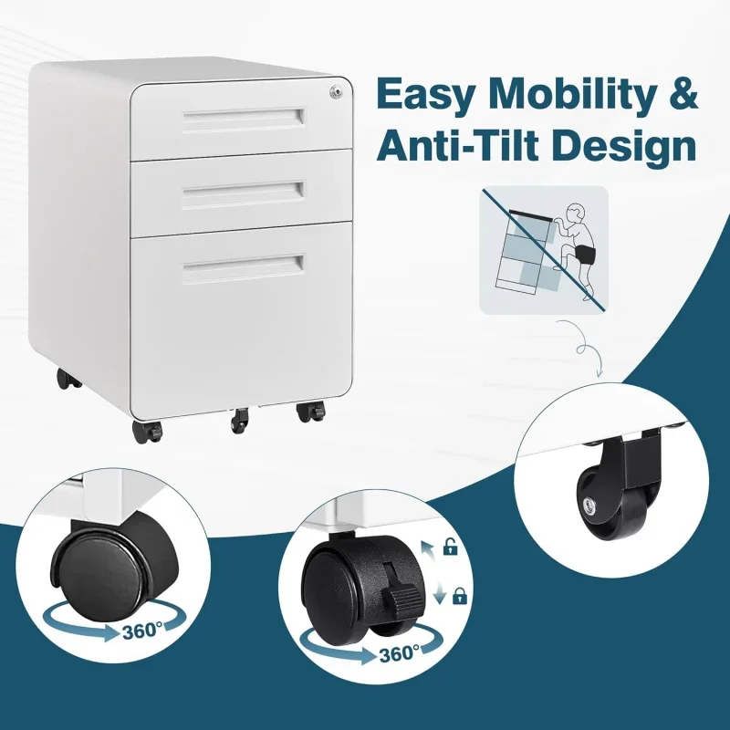 Mobiele kast met 3 lades, wit klein met slot onder bureau, archiefkast thuiskantoor wielen, A4/letter/Legal hangmap F