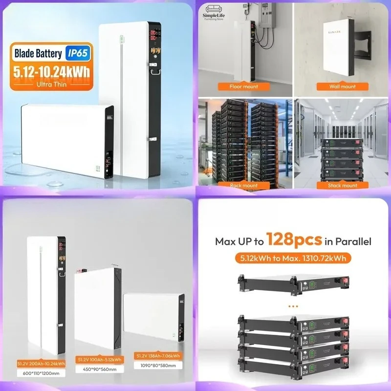 48V 200Ah LiFePO4 Battery 5kWh 10kWh Solar Energy Storage System 6000 Cycles Deep Cycle Lithium Ion Battery Pack for Home