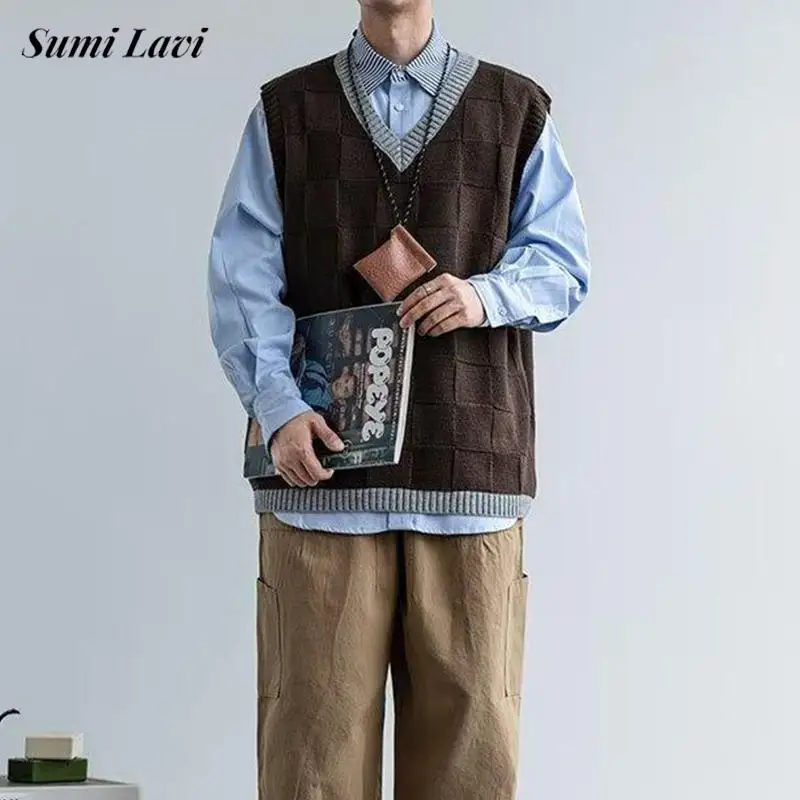 

Contrast Color Patchwork Knit Vest Men Vintage V Neck Sleeveless Knitted Camisoles Spring Fall Fashion All-match Sweater Vests