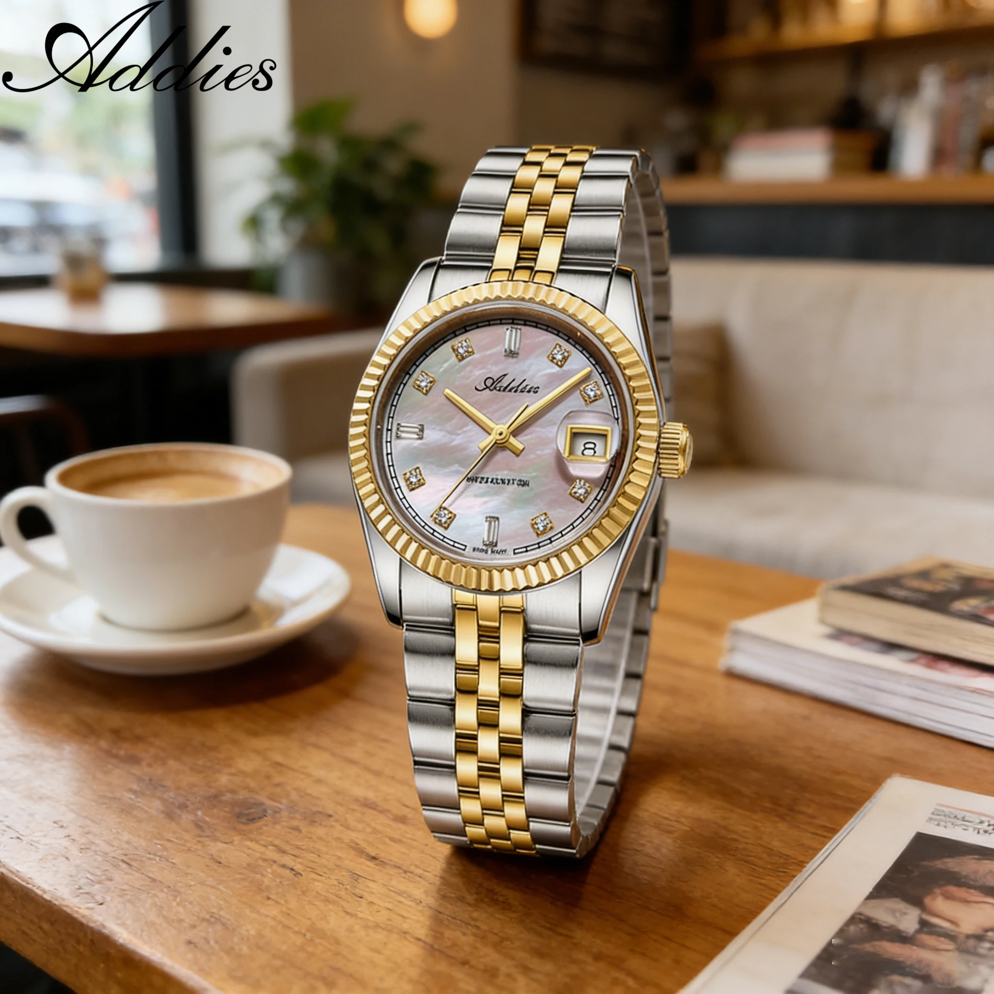 

ADDIES Новые модные женские часы с механизмом 585, водонепроницаемые до 50 м, из нержавеющей стали 316L, для активного отдыха, дайвинга, роскошные наручные часы AD25905