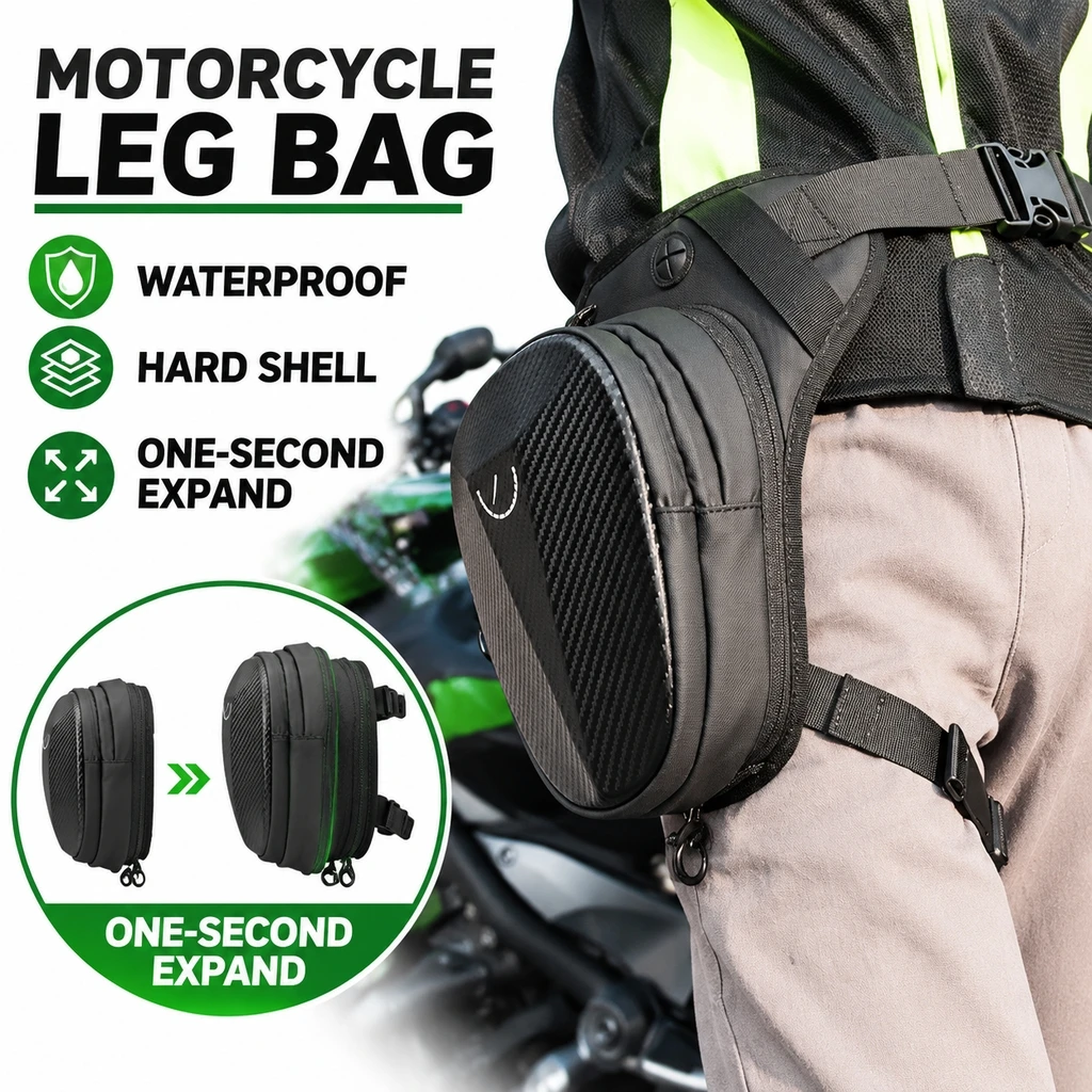 Motorcycle Riding Leg Bag, 1s Expandable Waterproof Hard Shell Motorbike Waist Bag Crossbody Pack with 3 Adjustable Strap
