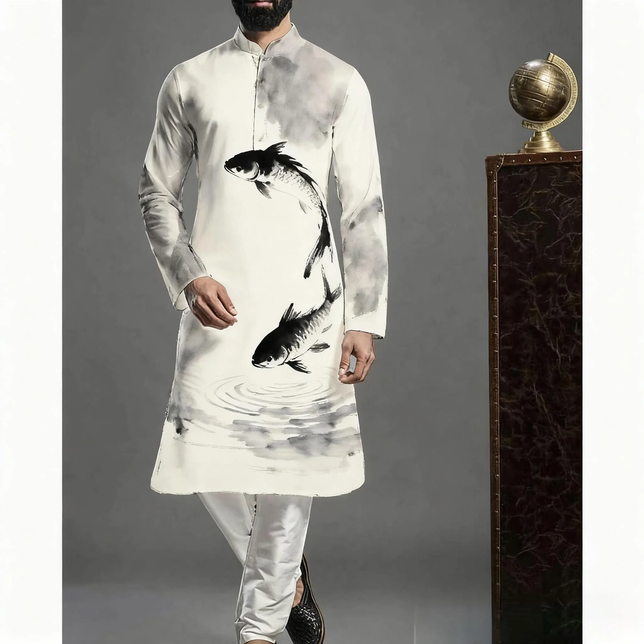 2026 Muslim Tops Men's Ethnic Style Long-sleeved Stand-up Collar Shirts Casual Slim Irregular Ropa Musulmana Hombre